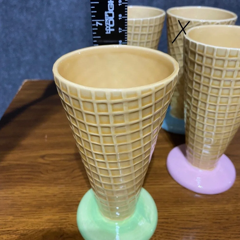 Vintage Set of 3 Ceramic Waffle‎ Cone Ice Cream Cups Dessert Dishes Pastel Japan